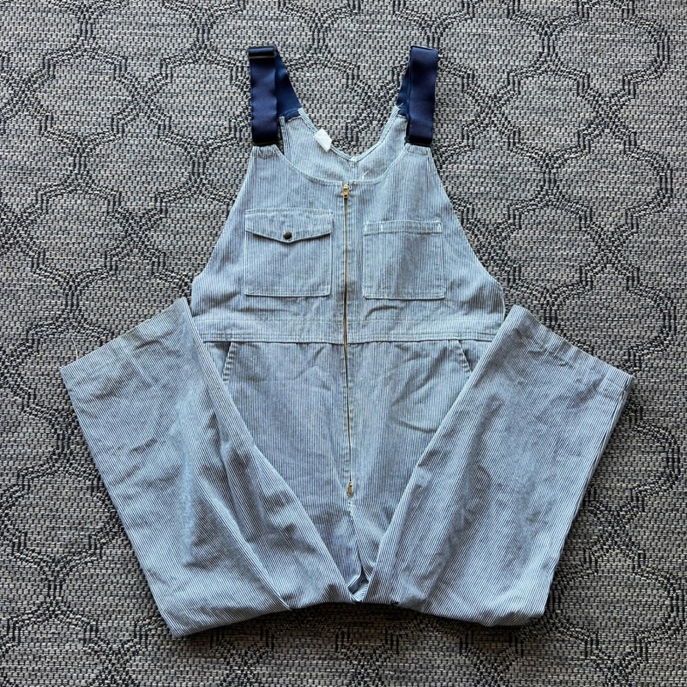 Vintage Railroad Overalls Mens 44 Blue White Hickory Stripe Cotton Workwear 80s